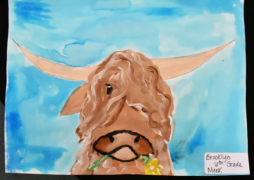 A Highland cow painted by a sixth grader named Brooklyn (no last name available).