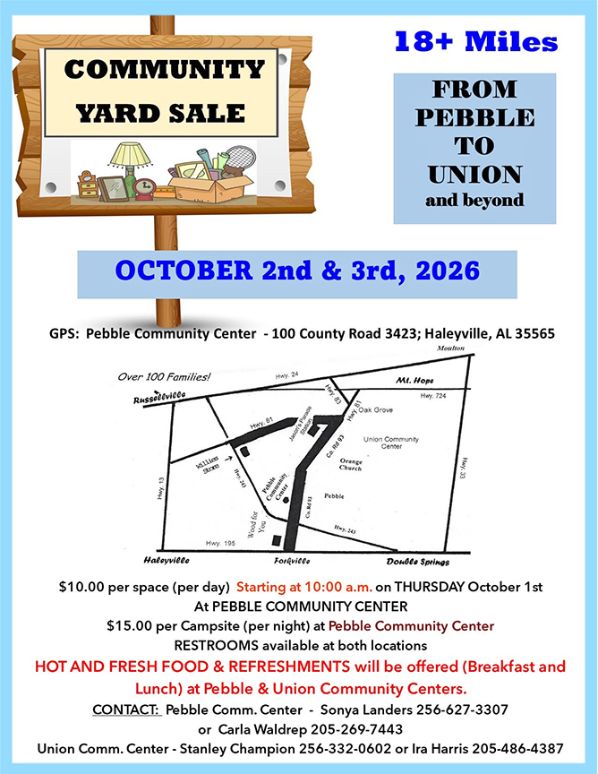 The annual 18+ mile yard sale from Pebble to the Union community is October 2-3.