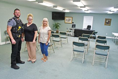From left, Arley Police Chief Levi Brown,  Court Clerk/Assistant Librarian Dana Kulbeth and Town Clerk Tammi Farley at the new location of municipal court on the second floor of the Arley Public Library next door to Arley Town Hall.