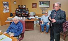 J.D. Snoddy, president of the Winston County Arts Council, which owns Looney’s Amphitheater and Cultural Center, addresses the Double Springs council about the ongoing renovations and the need for funding. Shown at left is Double Springs Mayor Elmo Robinson. Also shown is retired police chief Kim Miller.