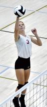 The Haleyville High School varsity volleyball team recently participated in a playdate at Russellville Middle School gymnasium.  Pictured is Ashton  McCullar going for the kill.