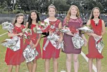 Savannah Fralix was crowned the 2019 Haleyville Middle School Homecoming Queen during a pre-game ceremony Monday, Sept. 23.  The eighth-grader was escorted by her father, Steven Fralix, and was crowned by last year’s queen, Evelyn Kate Carroll.  Pictured above are Fralix and her court.  From l-r:  Myleigh Davis, sixth grade representative; Araya Beck-Claveria, eighth grade representative; Fralix, Savannah Brown, eighth grade representative and Skye Dixon, seventh grade representative. Savannah’s mother is L